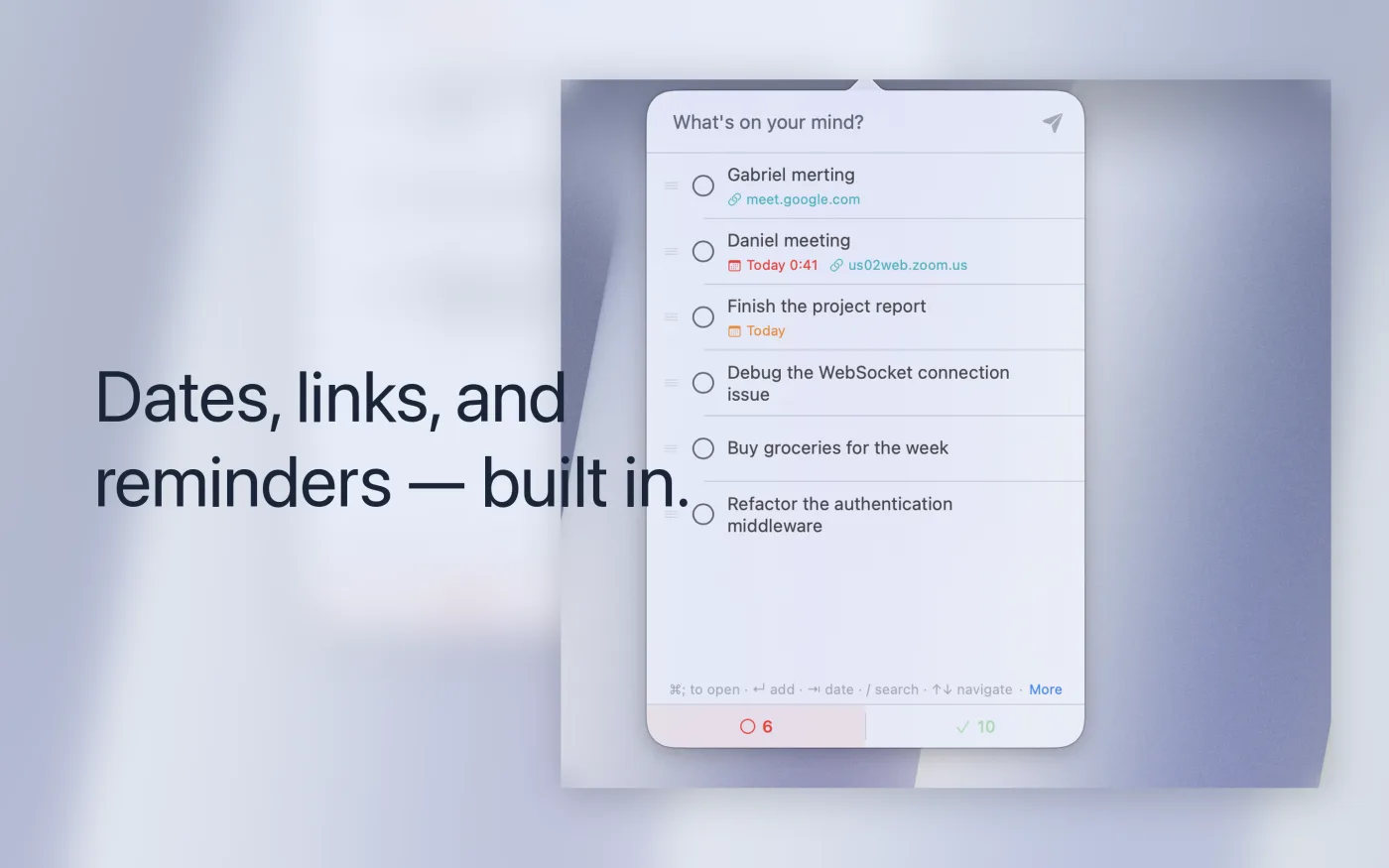 The task list in the popover: each task on its own row, some carrying a due-date badge and some a link badge back to a meeting, with the overdue and completed counts along the bottom.
