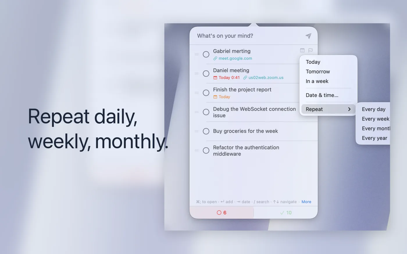 The Repeat submenu expanded, offering every day, every week, every month and every year.