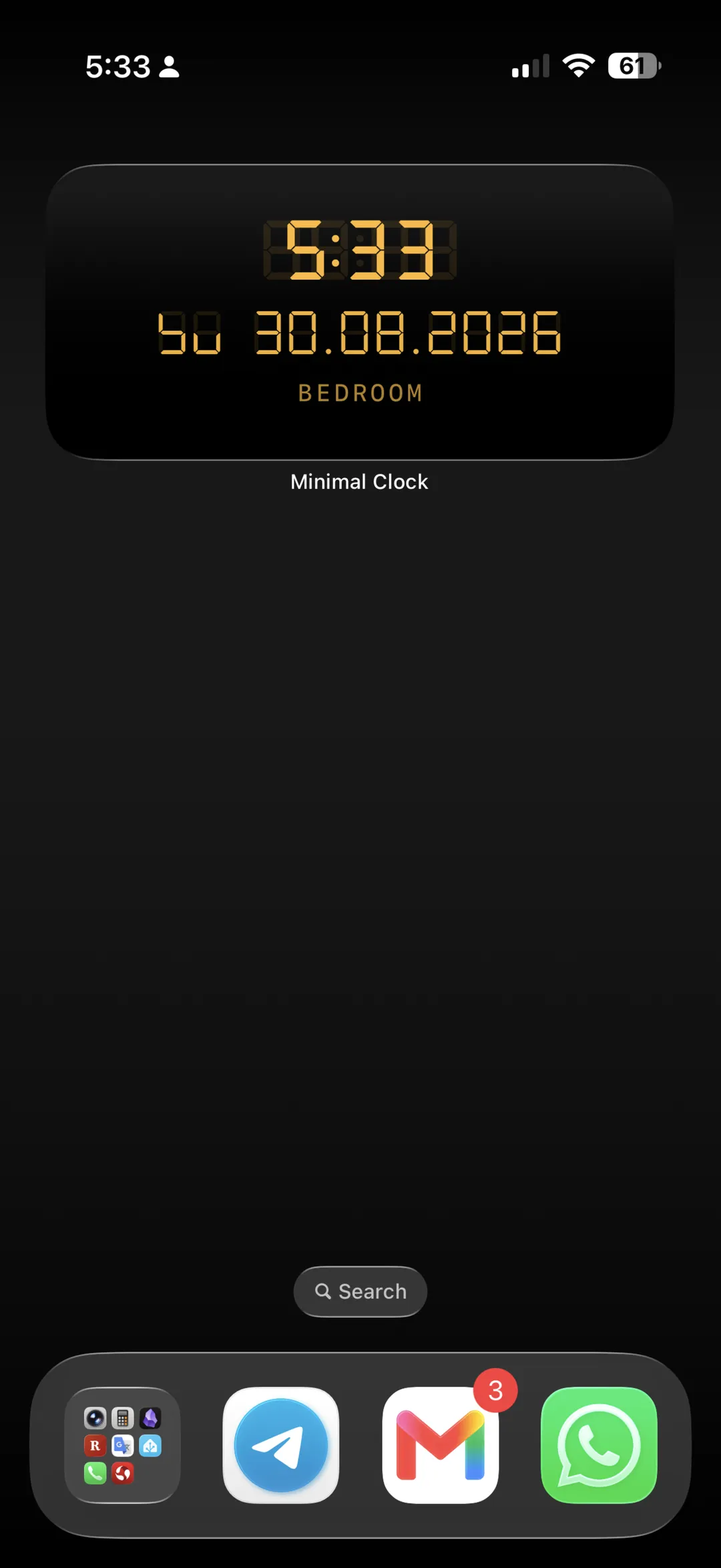 The Clock + Date widget in amber, with the word BEDROOM set as a personal label under the date.
