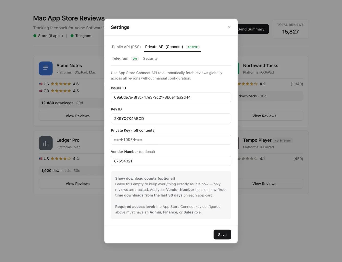 The Settings window on its Private API tab: the App Store Connect issuer ID, key ID and private key, and the optional vendor number that turns on download counts. Telegram and Security are tabs beside it.
