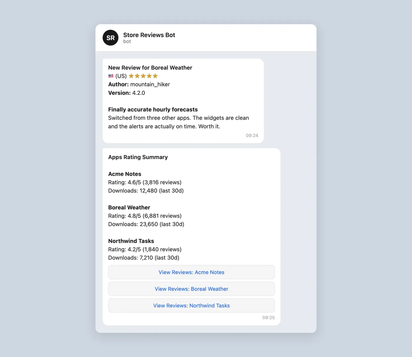 The Telegram chat with the bot: a new-review message with the country, the stars, the author, the version and the text, followed by a rating summary of each app with a View Reviews button per app.